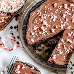 Silken Chocolate Peppermint Pie with a piece missing