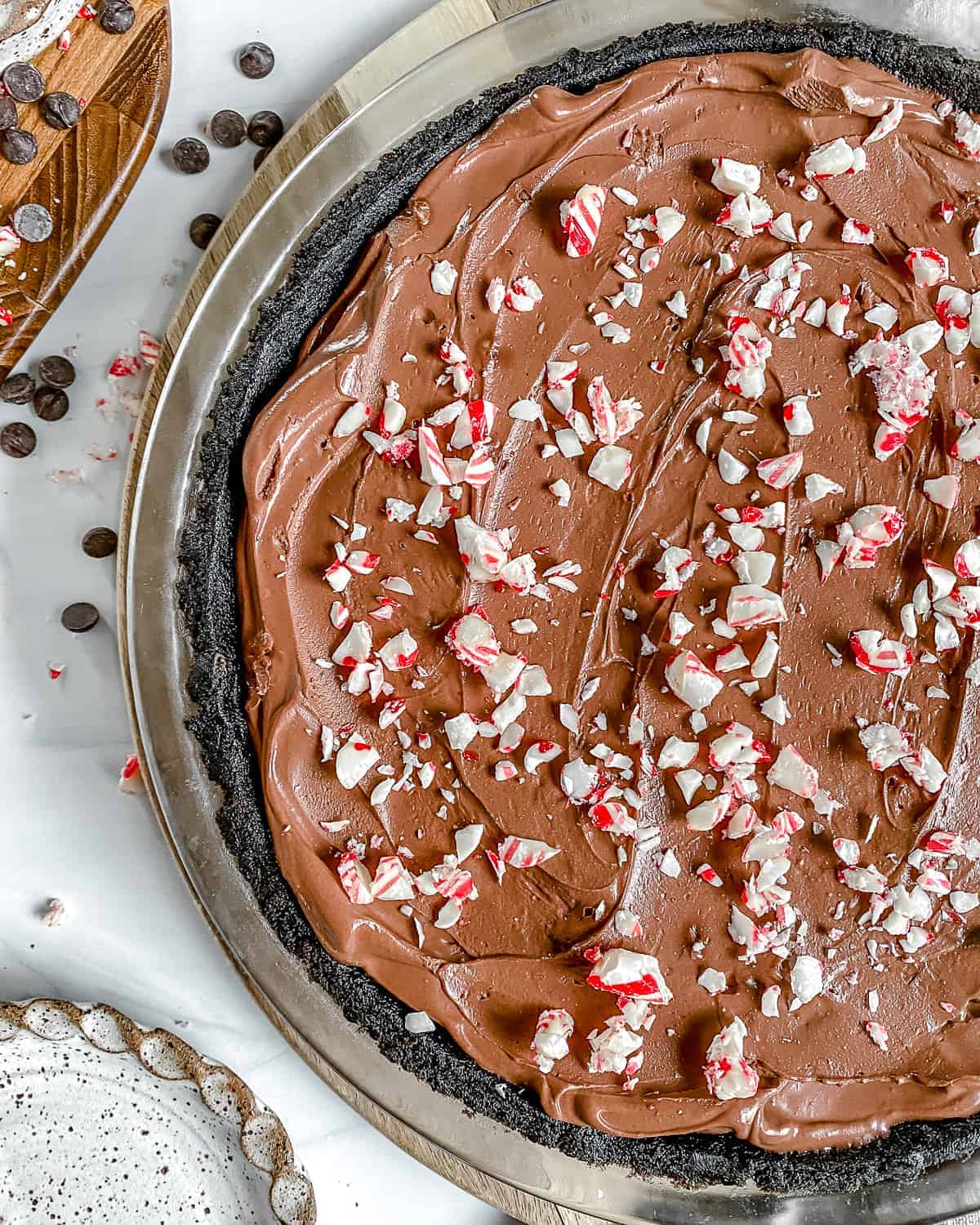 completed Silken Chocolate Peppermint Pie against a white background