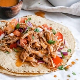 completed jackfruit carnitas on tortillas against a white background with ingredients in the background