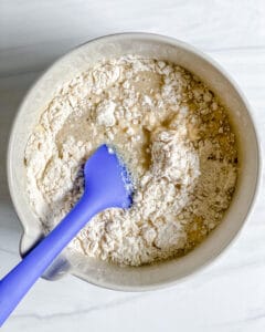 process showing the mixing of wet and dry ingredients in bowl against white background
