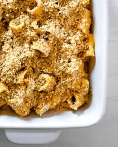 completed vegan pasta bake in a white dish
