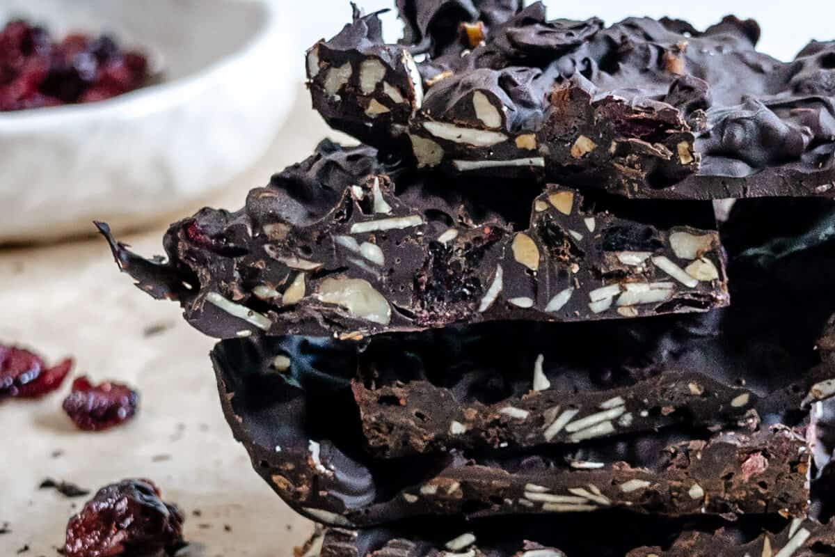 completed chocolate fruit bars stacked against a light background