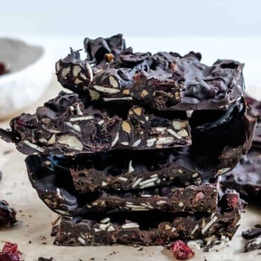 completed chocolate fruit bars stacked against a light background