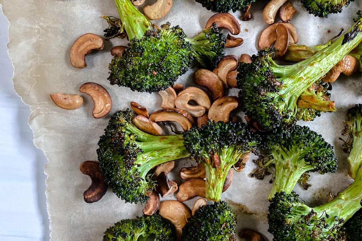 finished Roasted Curried Broccoli on parchment paper