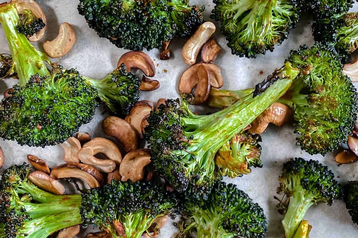 finished Roasted Curried Broccoli on parchment paper