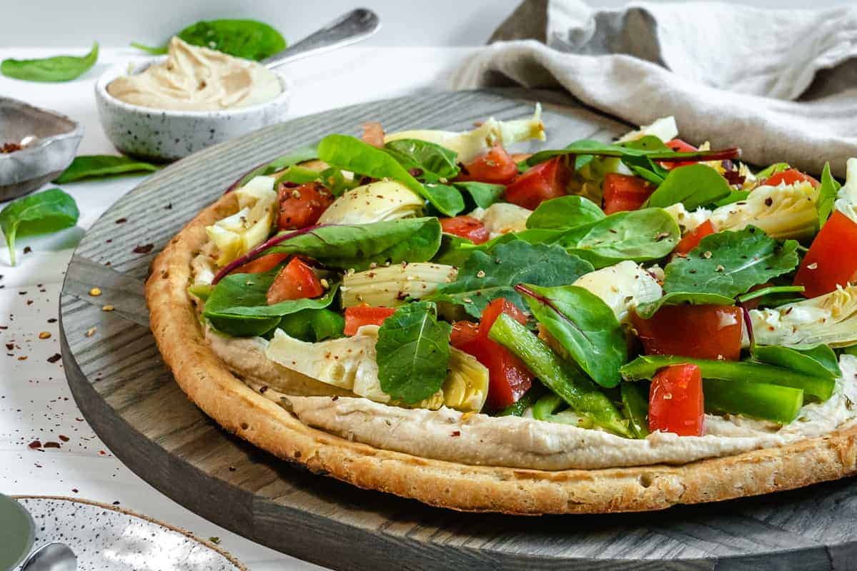 Mediterranean Hummus Pizza without Cheese (+ Multiple Topping Options)