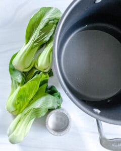 ingredients for Baby Bok Choy with Soy Sauce and Garlic next to a pan against a white background