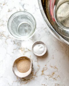 measured out yeast, salt, and water in bowls against white surface