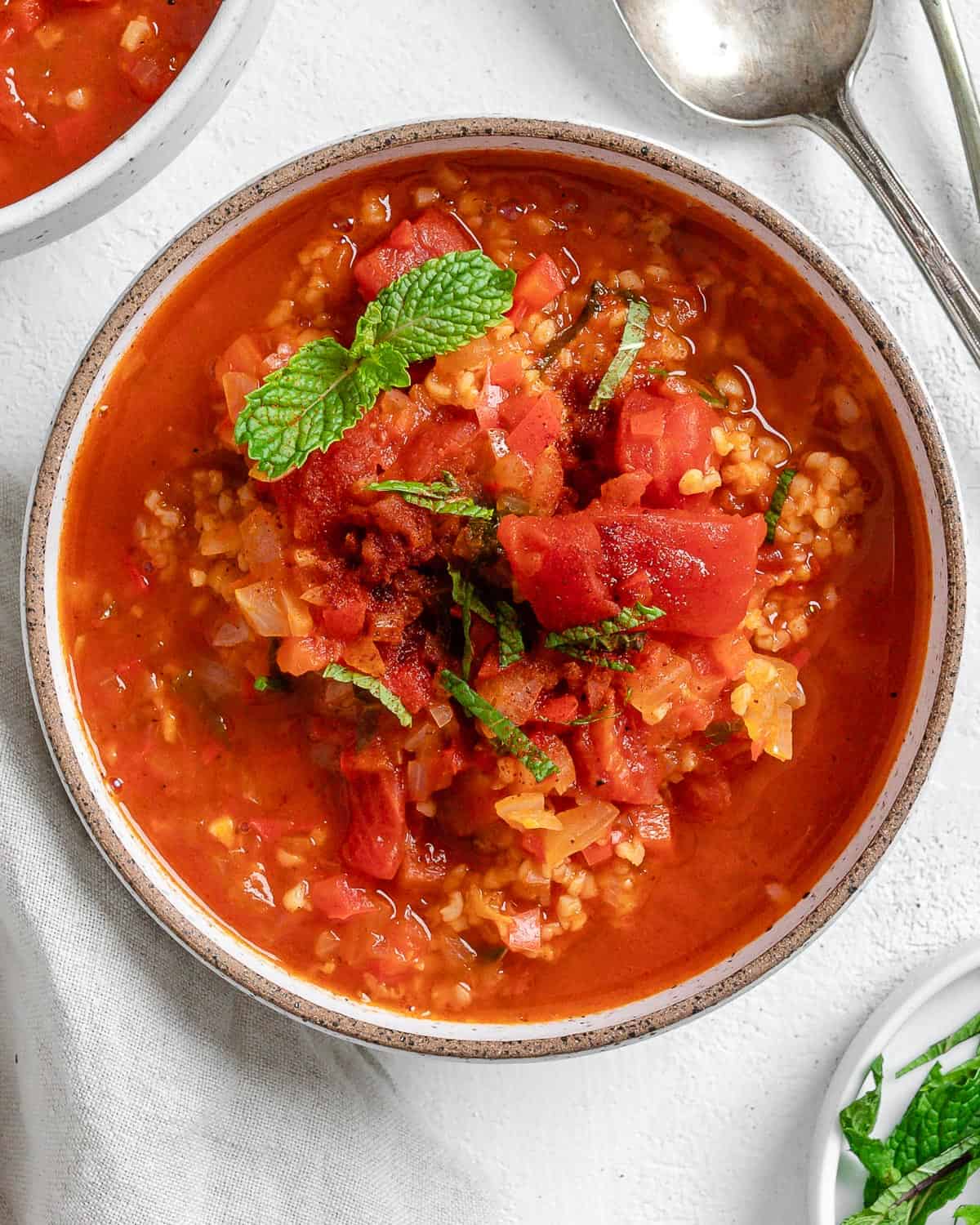 completed Turkish Tomato, Bulgur, and Red Pepper Soup in a bowl against a white surface 