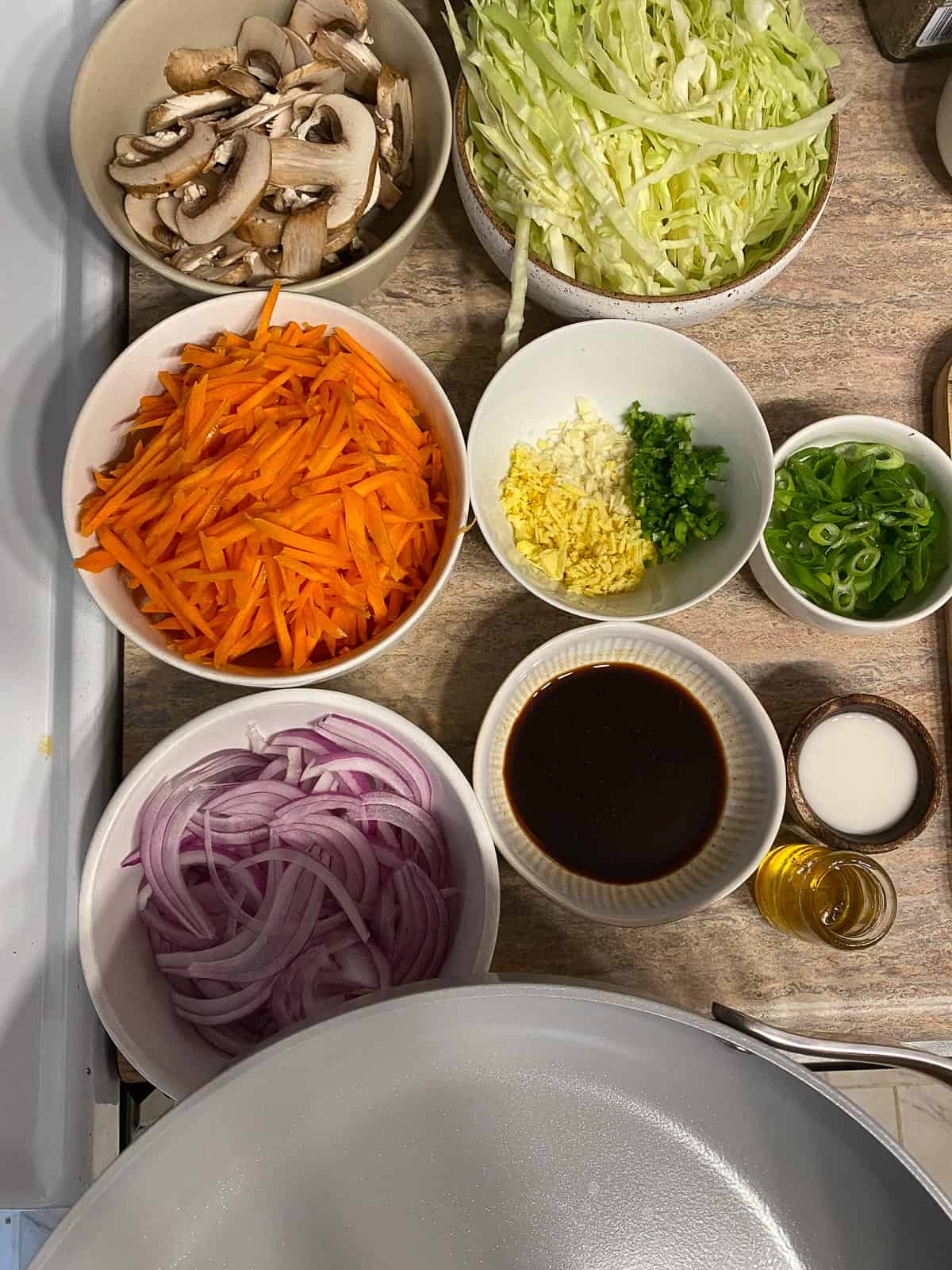 Moo Shu Vegetable ingredients measured out in bowls