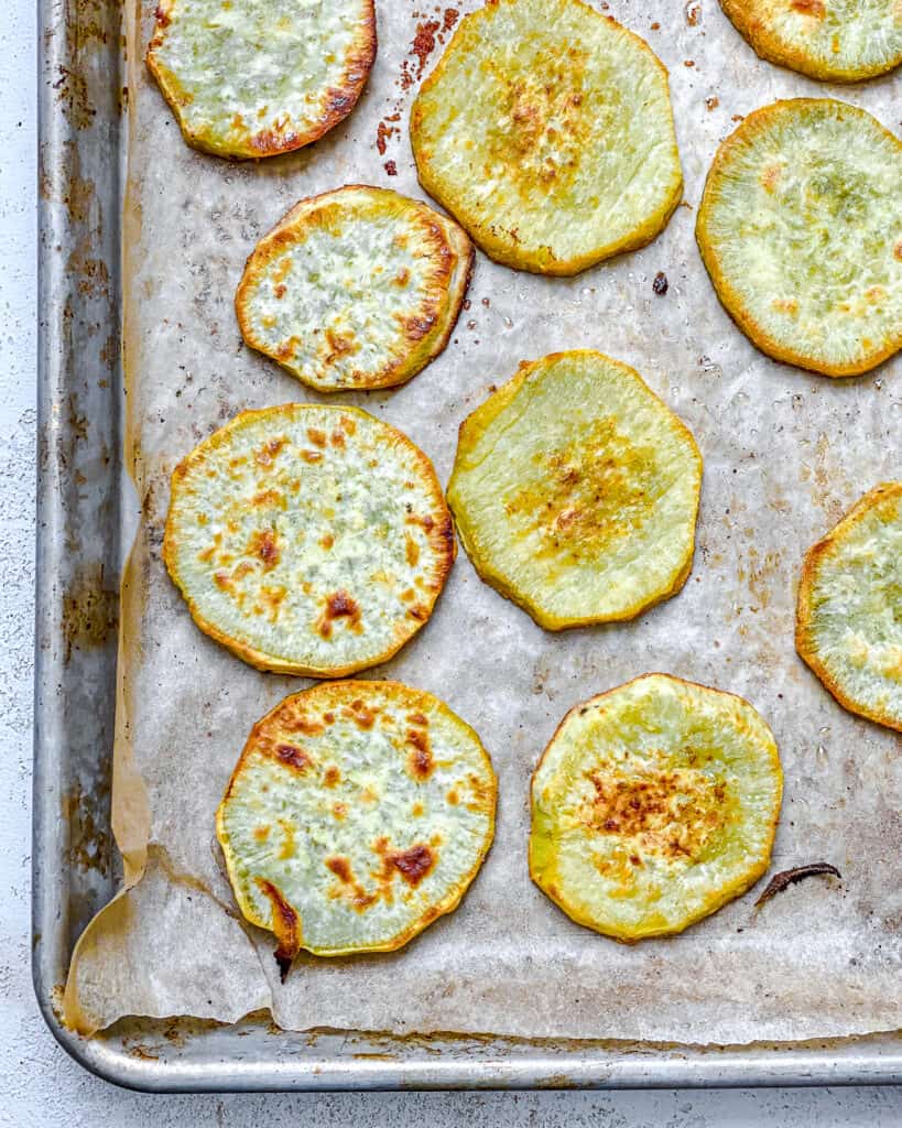post baked sweet potato slices on a baking tray