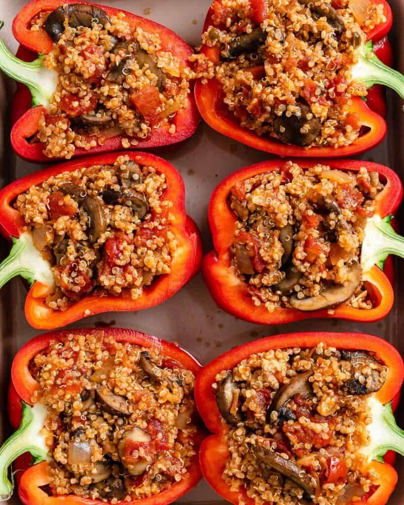 completed Quinoa Stuffed Peppers in a baking tray