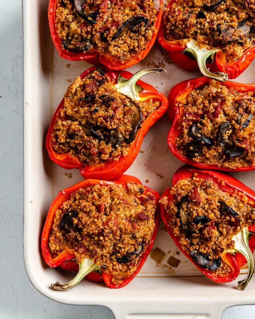 completed Quinoa Stuffed Peppers in a baking tray