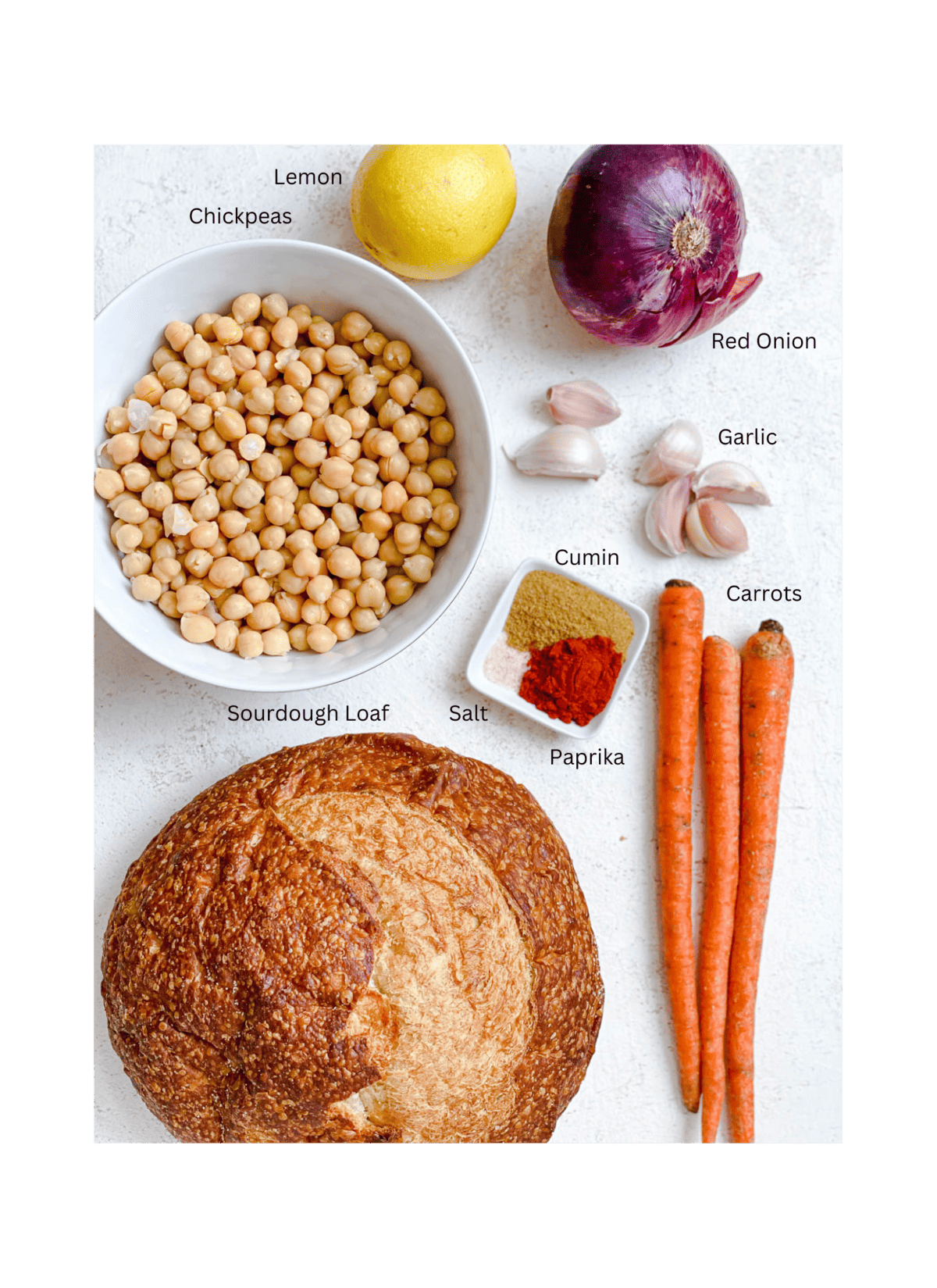 ingredients for Chickpea Bread Stew measured out against a light surface