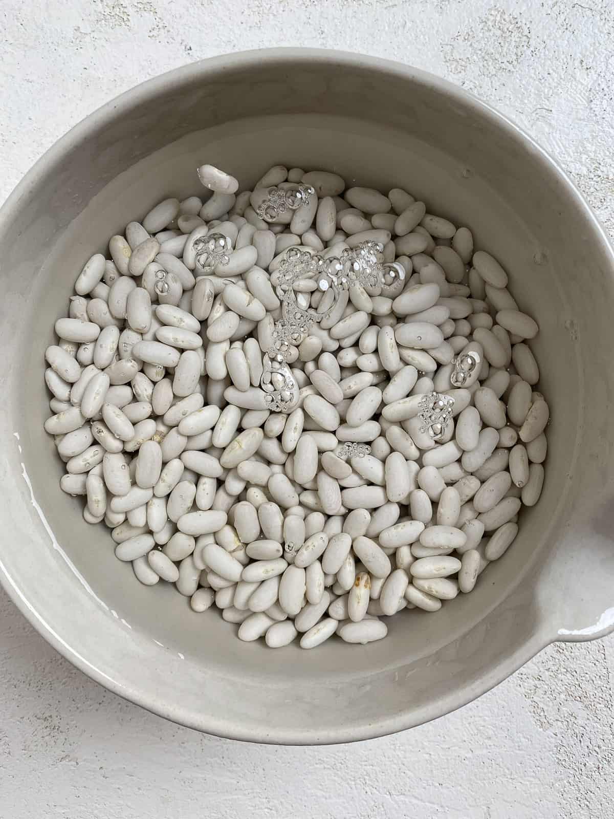 process shot of soaking beans in a bowl against a white surface