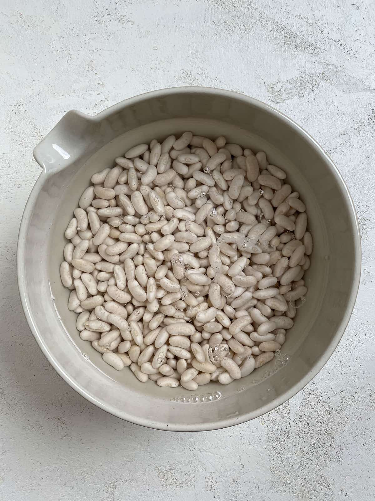 process shot post soaking beans in a bowl against a white surface