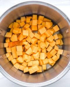 raw cubed butternut squash in a stainless steel bowl