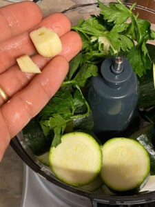 process of adding garlic to food processor