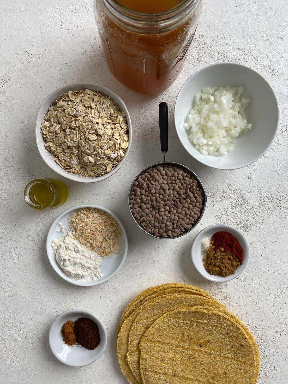 ingredients for Plant Based Street Tacos with Lentils measured out against a white surface