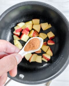 the addition of cinnamon to a pan with cubed apples