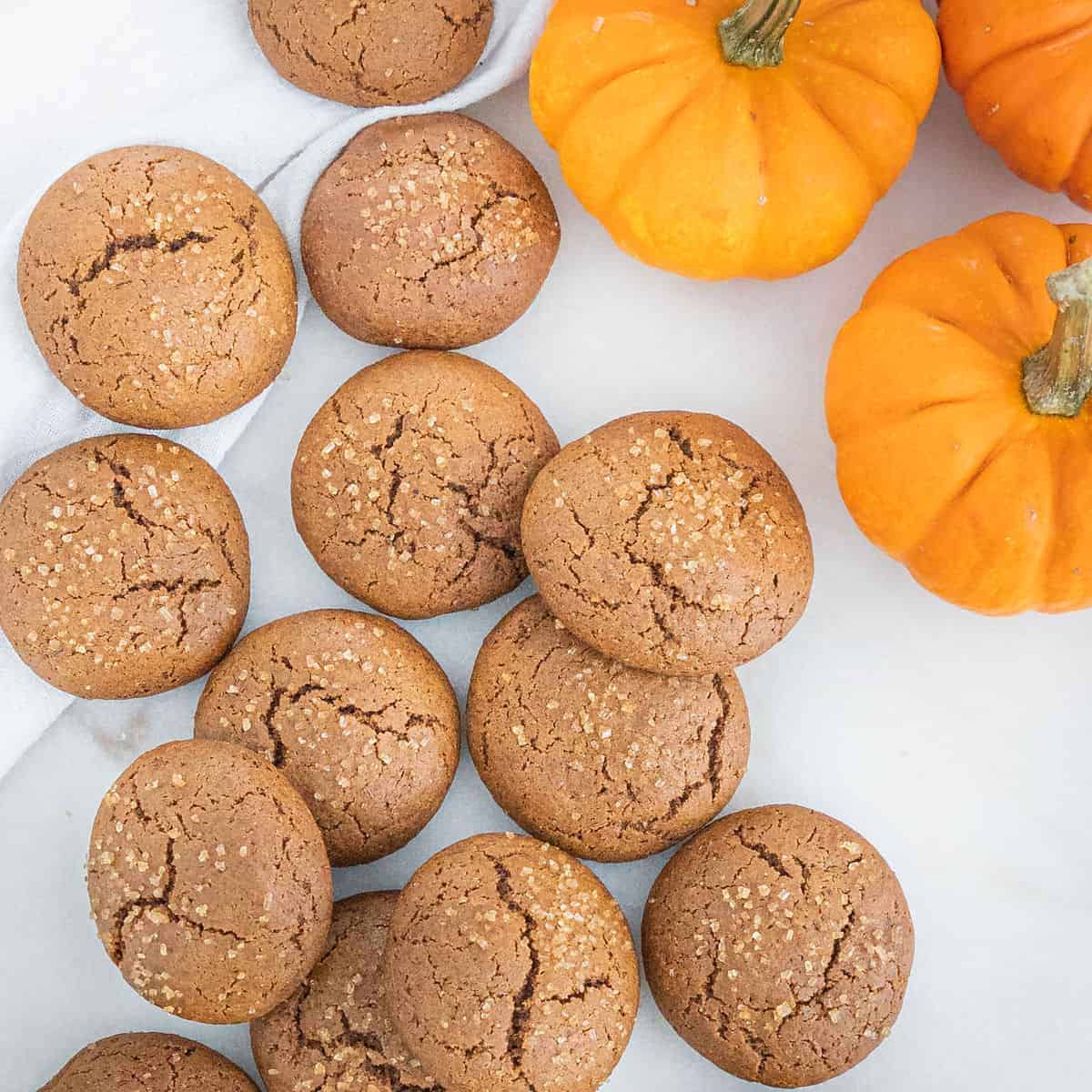 several pumpkin molasses cookies with pumpkin in the background against a white surface
