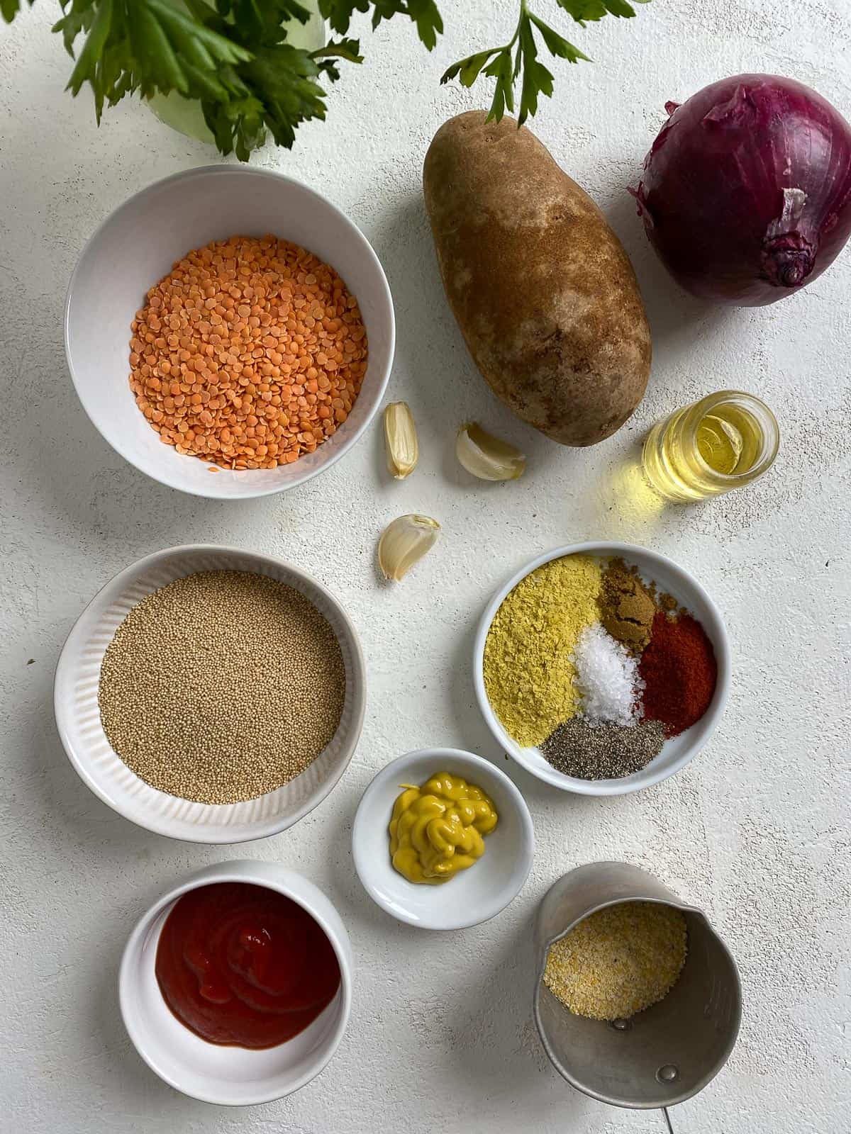 ingredients for Easy Red Lentil Patties measured out against a white surface