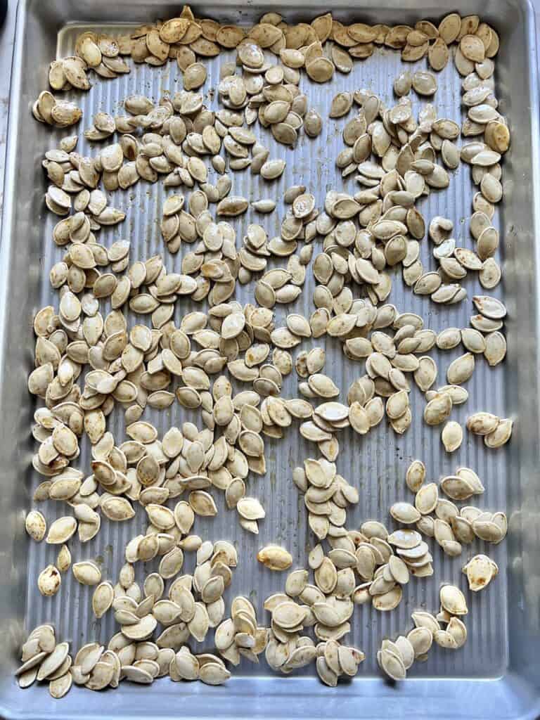 unbaked roasted spicy pumpkin seeds on a tray