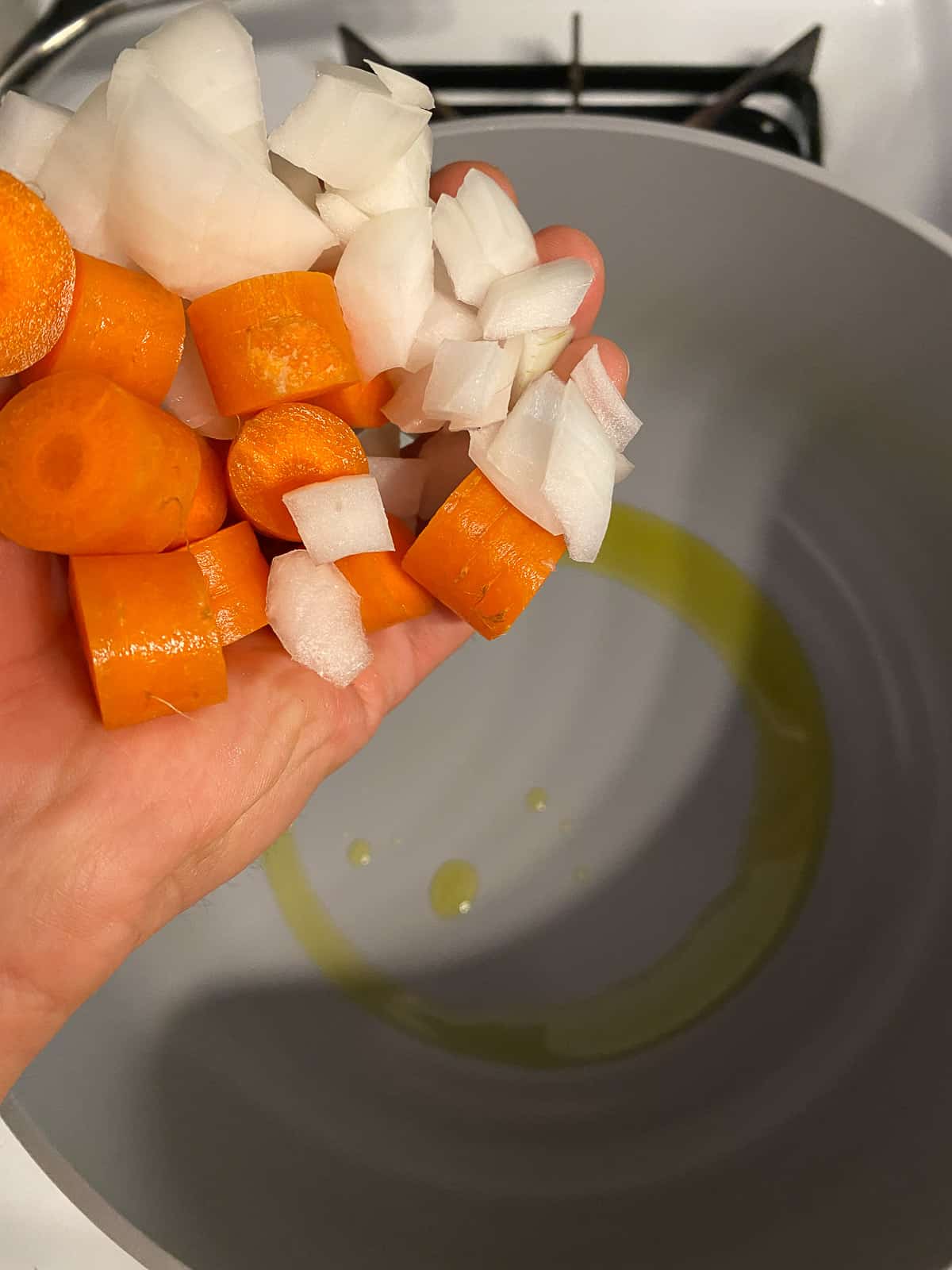 process of adding carrots and onions into a pan