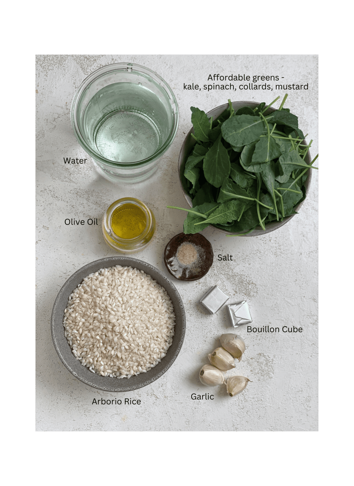 ingredients for Slow Cooker Risotto with Kale measured out against a white surface