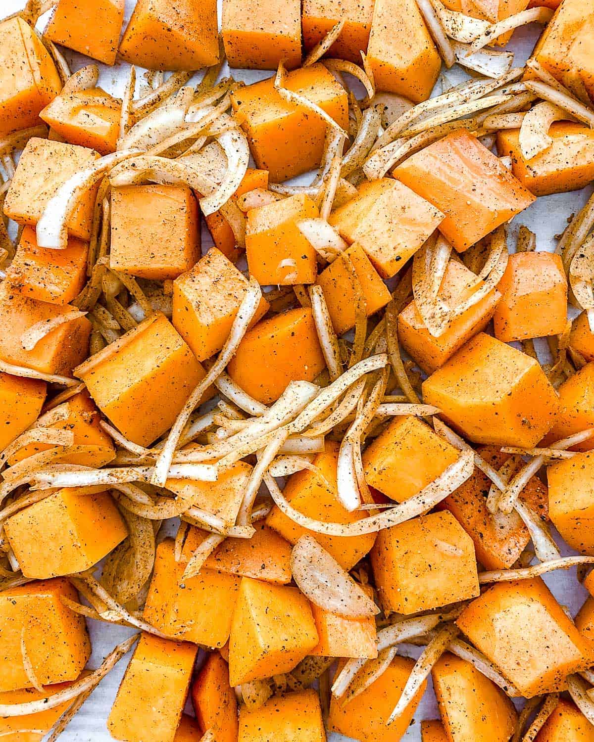 uncooked Roasted Butternut Squash with Indian Spices and Caramelized Onions on a white surface