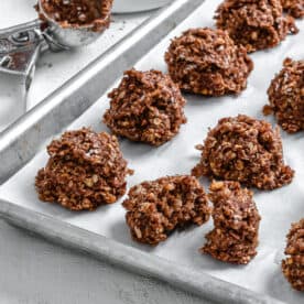 completed Vegan No Bake Chocolate Cookies on a baking sheet