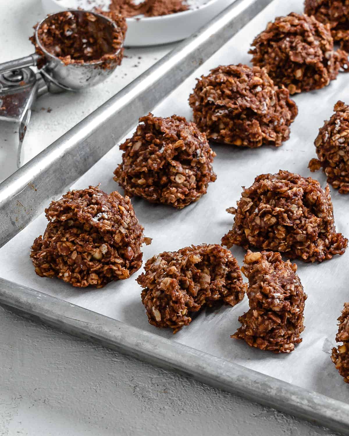 completed Vegan No Bake Chocolate Cookies on a baking sheet