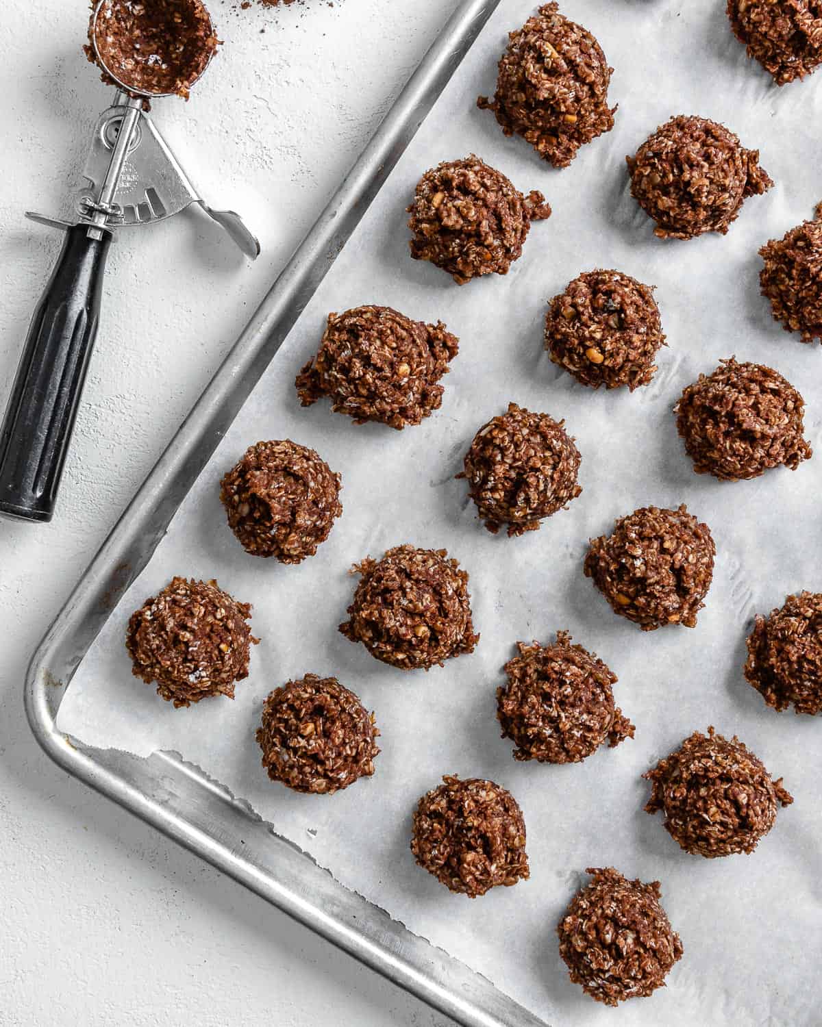 completed Vegan No Bake Chocolate Cookies on a baking sheet