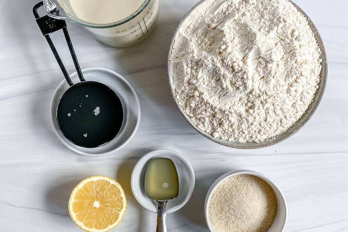 Vanilla Scones Ingredients measured out against a white surface