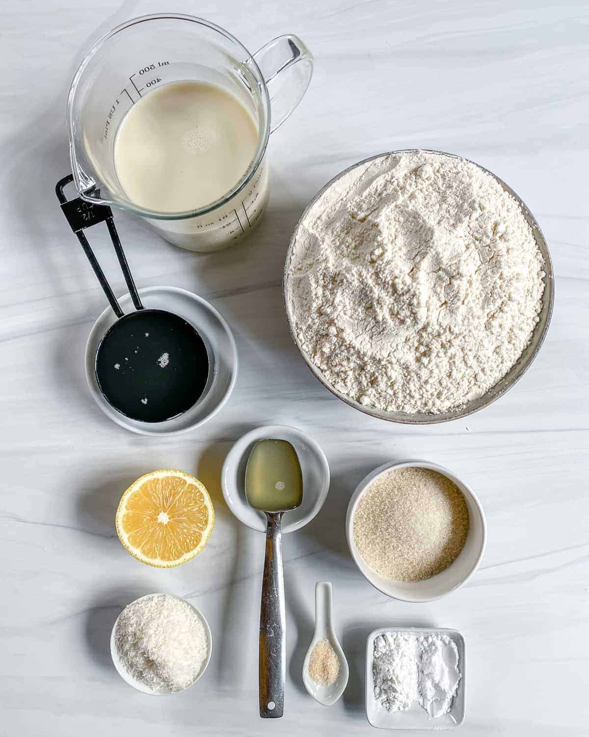 Vanilla Scones Ingredients measured out against a white surface