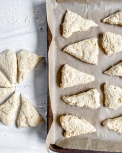 process of vanilla scones shaped into triangles on baking sheet