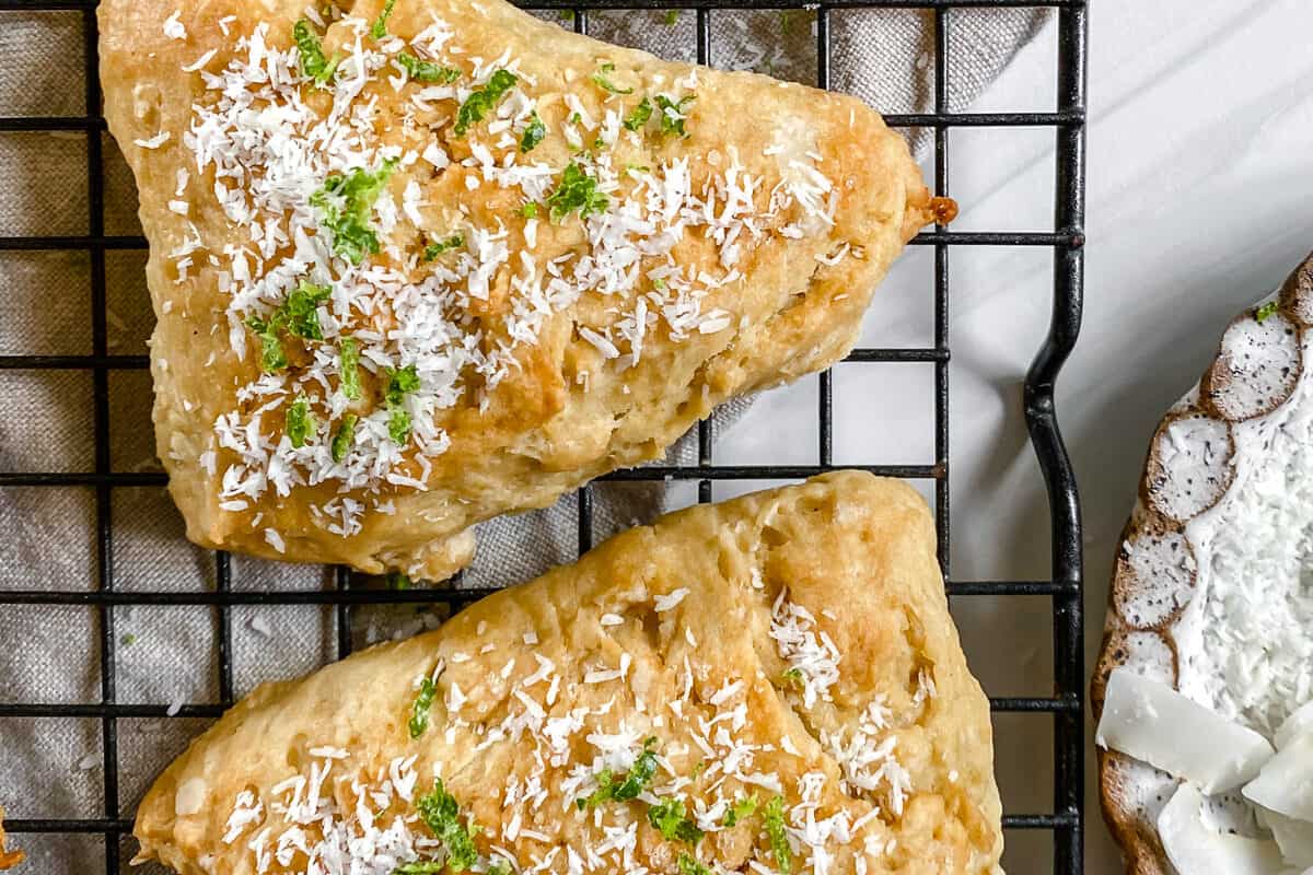 completed vanilla scones on a wire cooling rack