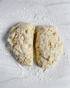 process of vanilla scone dough being halved