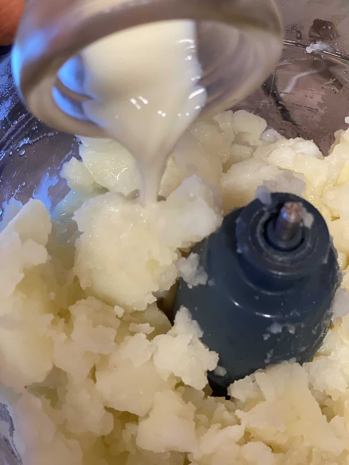 process shot showing addition of milk to food processor