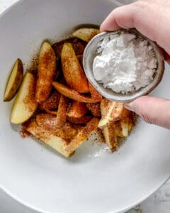 process of adding spices to bowl of potato wedges