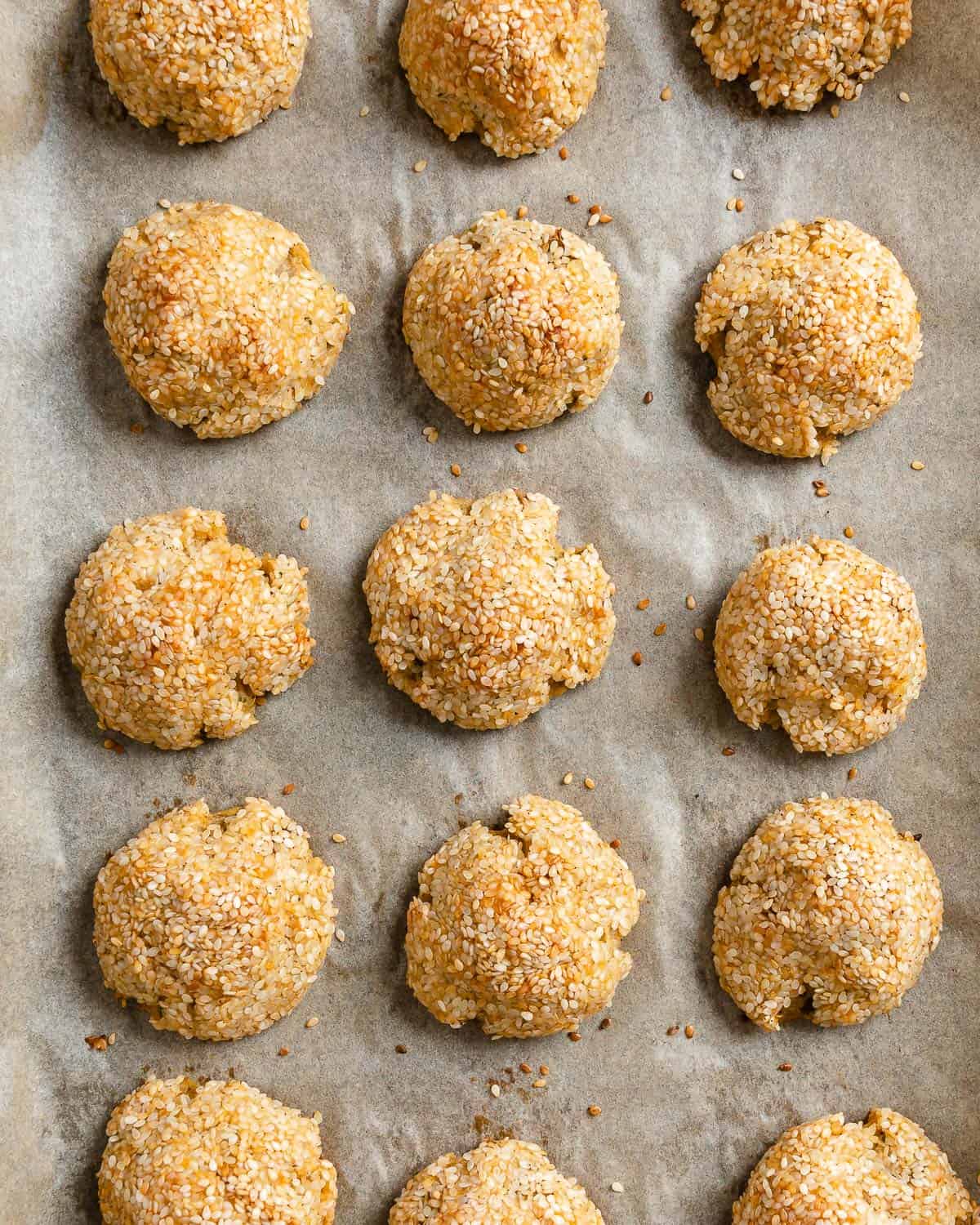 completed Sesame Potato Puffs on a baking tray