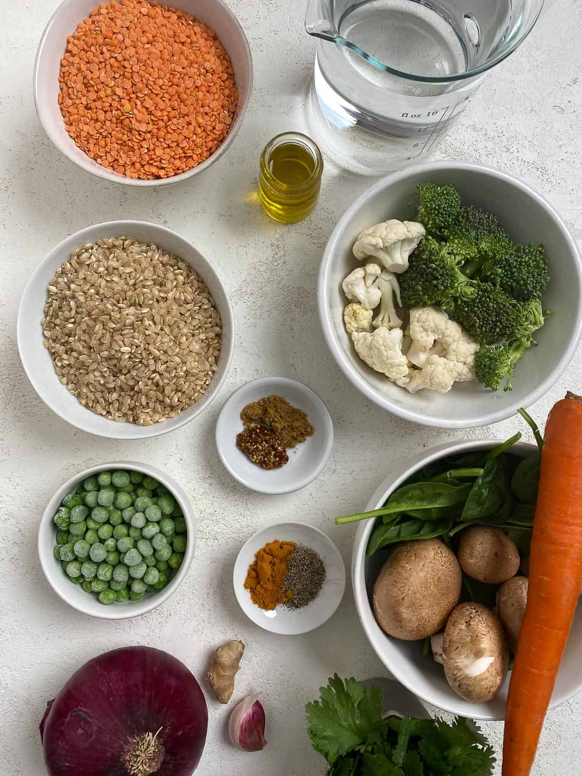Ingredients for kichari lentil patties measured against a white background