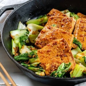 completed Spicy and Sweet Tofu in iron skillet