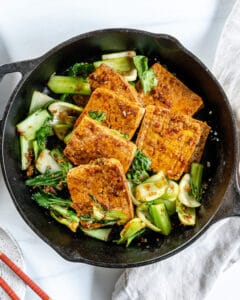 completed Spicy and Sweet Tofu in iron skillet
