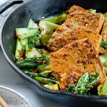 completed Spicy and Sweet Tofu in iron skillet