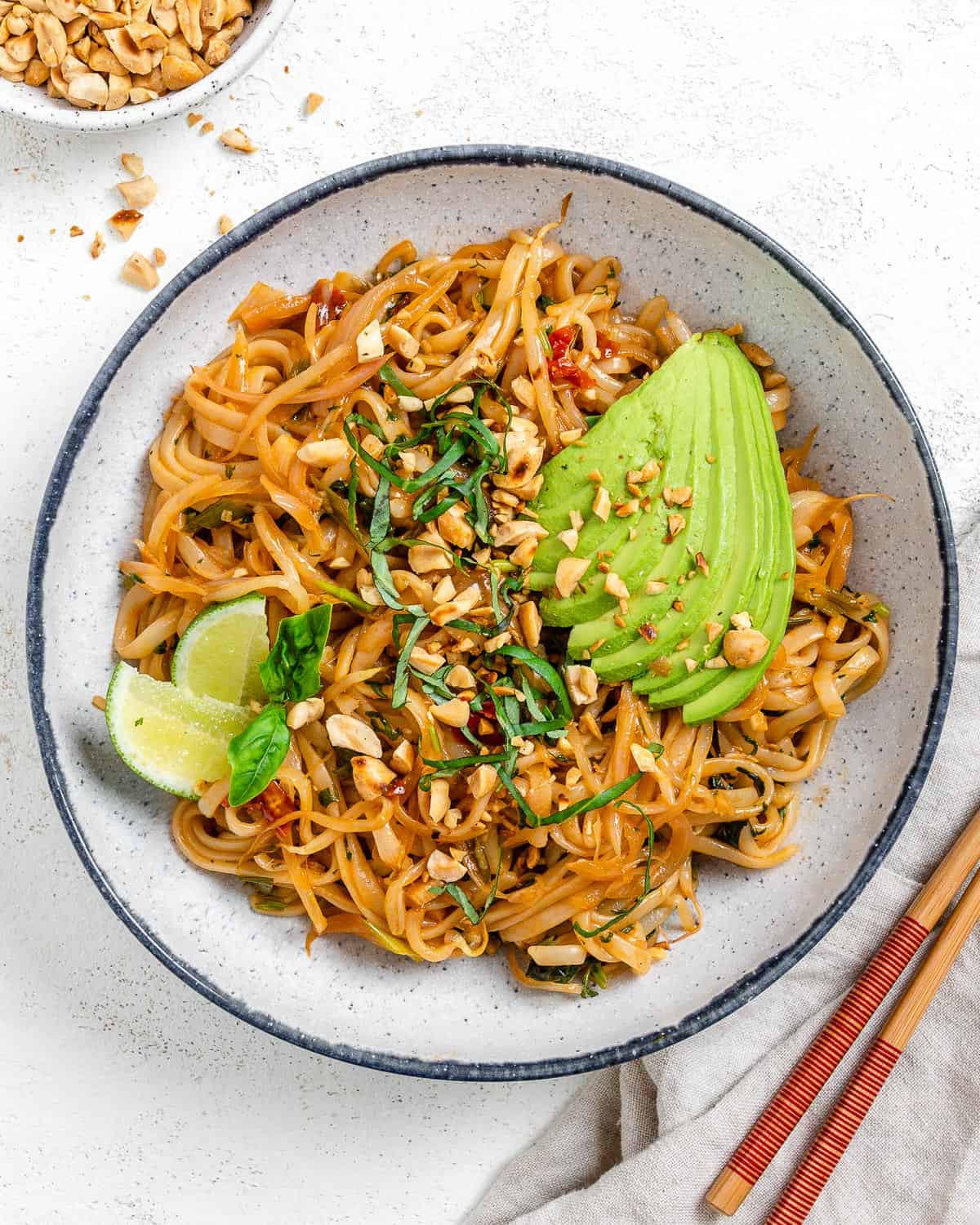 completed Vegan Vegetable Pad Thai plated against a light background