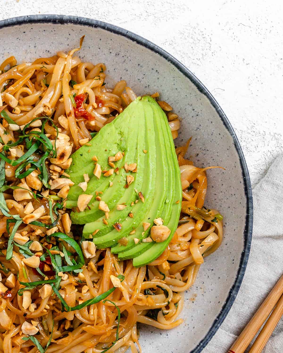 completed Vegan Vegetable Pad Thai plated against a light background