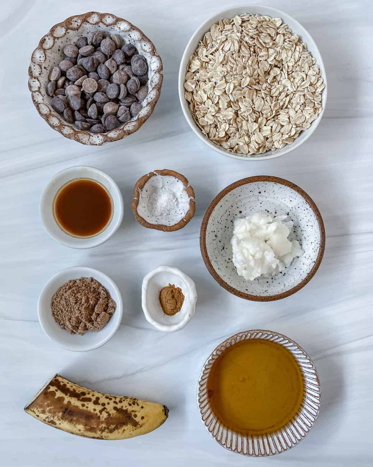 measured out ingredients for Chocolate Chip Banana Bites against a white surface