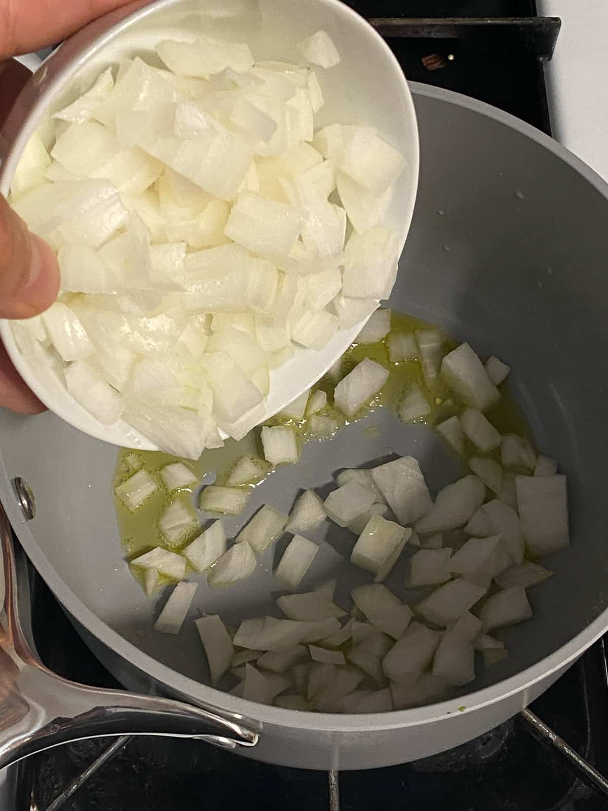 process of adding onion to pan with oil