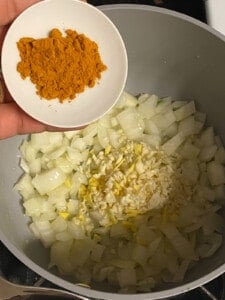 process shot of adding turmeric to pan